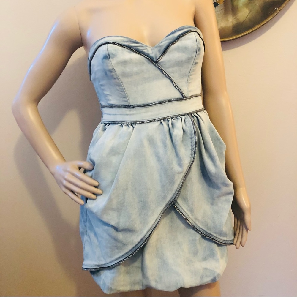 Y2K Vintage GUESS Lubov Denim Sweetheart Zipper Trim Bubble Dress
